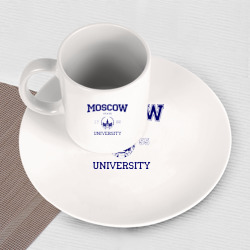 Набор: тарелка кружка с принтом MGU Moscow University для любого человека, вид спереди №3. Цвет основы: белый