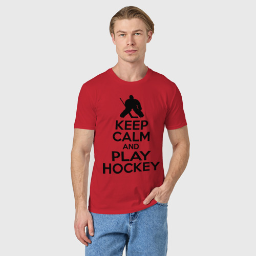 Мужская футболка хлопок Keep calm and play hockey, цвет красный - фото 3