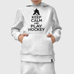 Костюм с принтом Keep calm and play hockey для ребенка, вид на модели спереди №3. Цвет основы: белый
