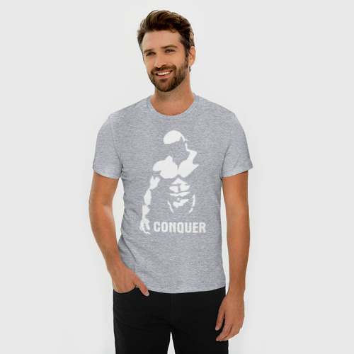 Мужская футболка хлопок Slim с принтом Conquer, фото на моделе #1
