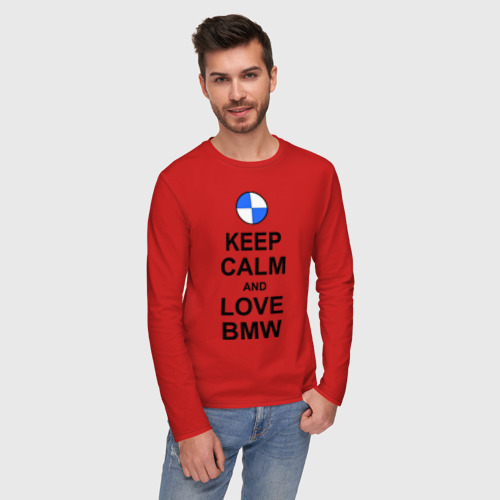 Мужской лонгслив хлопок Keep calm and love BMW, цвет красный - фото 3