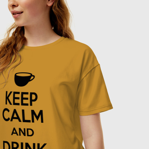 Женская футболка хлопок Oversize Keep calm and drink tea, цвет горчичный - фото 3