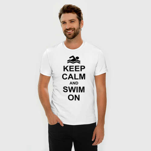 Мужская футболка хлопок Slim Keep calm and swim on., цвет белый - фото 3