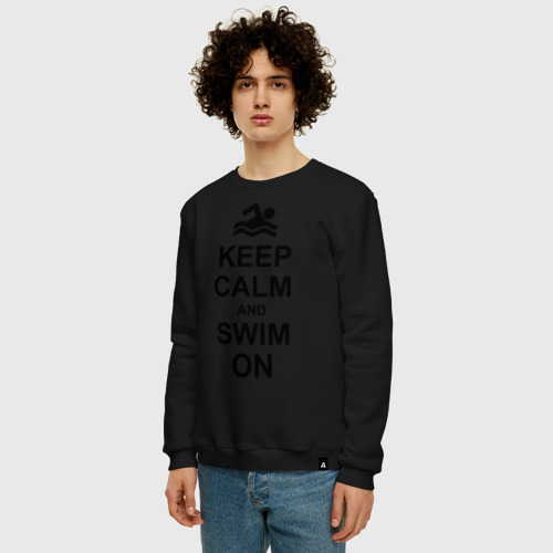 Мужской свитшот хлопок Keep calm and swim on., цвет черный - фото 3