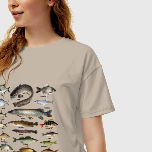Женская футболка хлопок Oversize Популярные виды рыб, цвет миндальный - фото 3