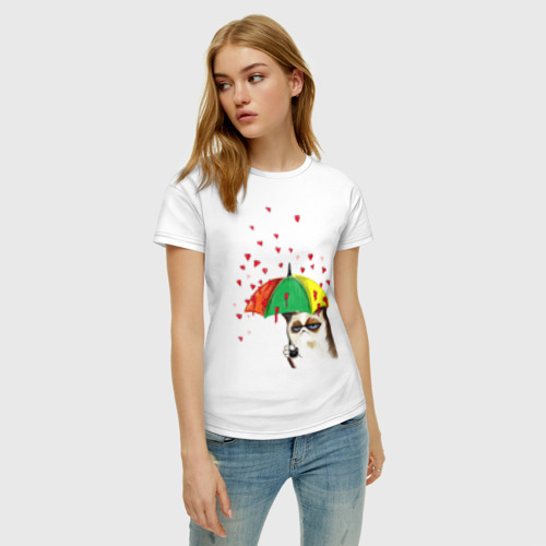 Женская футболка хлопок Угрюмый кот с сердечками, цвет белый - фото 3