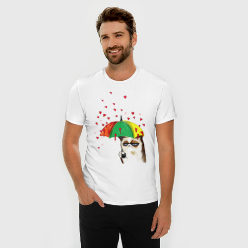 Мужская футболка хлопок Slim Угрюмый кот с сердечками, цвет белый - фото 3