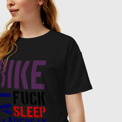 Женская футболка хлопок Oversize Bike eat sleep repeat, цвет черный - фото 3