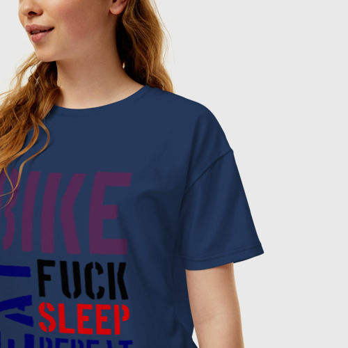 Женская футболка хлопок Oversize Bike eat sleep repeat, цвет темно-синий - фото 3