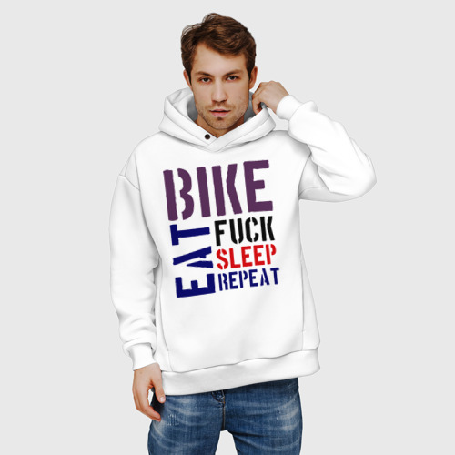 Мужское худи Oversize хлопок Bike eat sleep repeat, цвет белый - фото 3