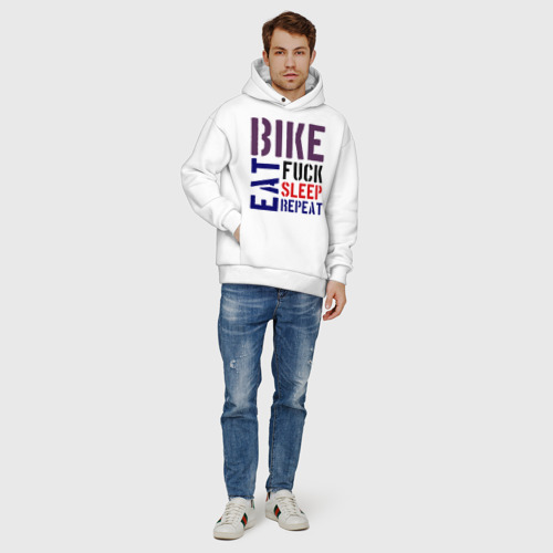 Мужское худи Oversize хлопок Bike eat sleep repeat, цвет белый - фото 6