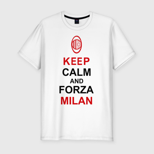 Мужская футболка приталенная из хлопка с принтом Keep calm and Forza Milan, вид спереди №1