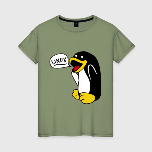 Женская футболка хлопок Пингвин: \"Linux\", цвет авокадо