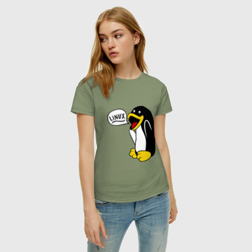 Женская футболка хлопок Пингвин: \"Linux\", цвет авокадо - фото 3