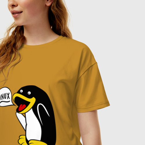 Женская футболка хлопок Oversize Пингвин: \"Linux\", цвет горчичный - фото 3