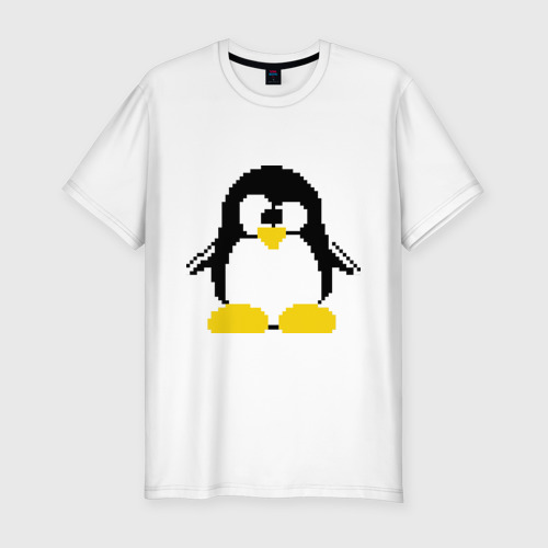 Мужская приталенная футболка из хлопка с принтом Битовый пингвин Linux, вид спереди №1