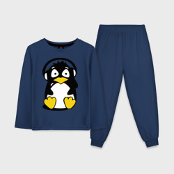 Детская пижама с лонгсливом хлопок Пингвин в наушниках