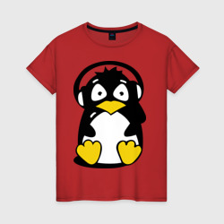 Женская футболка хлопок Пингвин в наушниках