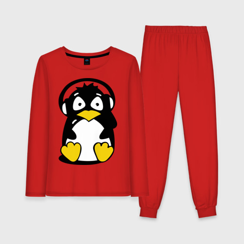 Женская пижама с лонгсливом хлопок Пингвин в наушниках, цвет красный
