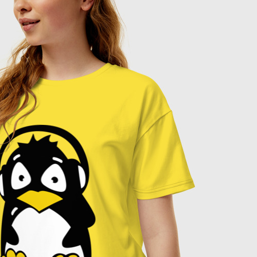 Женская футболка хлопок Oversize Пингвин в наушниках, цвет желтый - фото 3