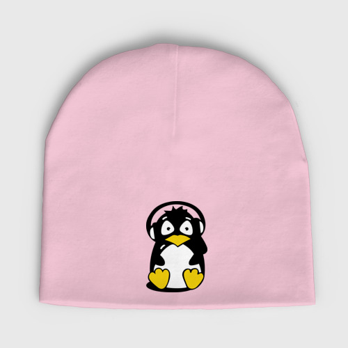 Мужская шапка демисезонная Пингвин в наушниках, цвет светло-розовый