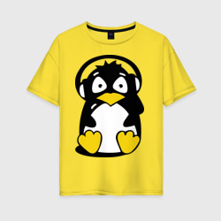 Женская футболка хлопок Oversize Пингвин в наушниках