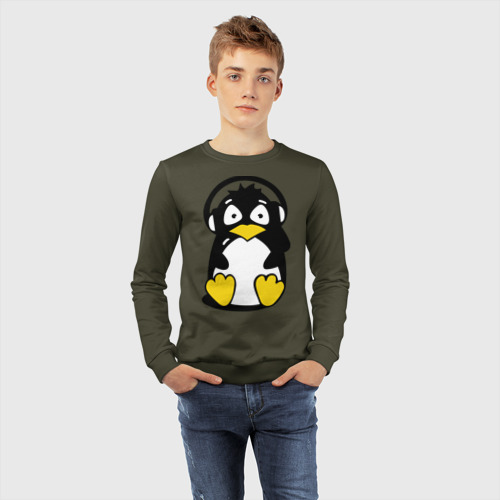 Детский свитшот хлопок Пингвин в наушниках, цвет хаки - фото 7