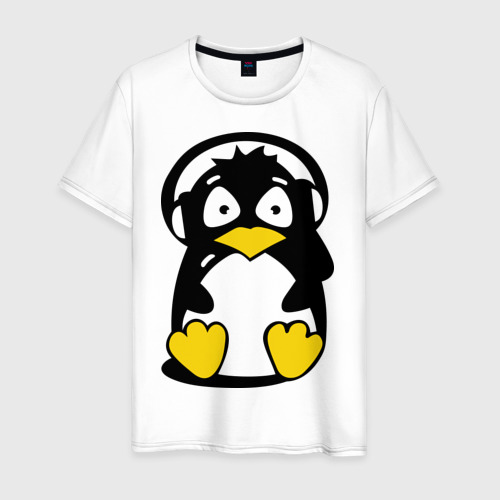 Мужская футболка из хлопка с принтом Пингвин в наушниках, вид спереди №1