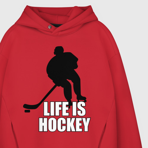 Мужское худи Oversize хлопок Life is hockey Хоккей - это жизнь, цвет красный - фото 4