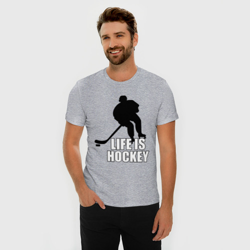 Мужская футболка хлопок Slim Life is hockey Хоккей - это жизнь, цвет меланж - фото 3