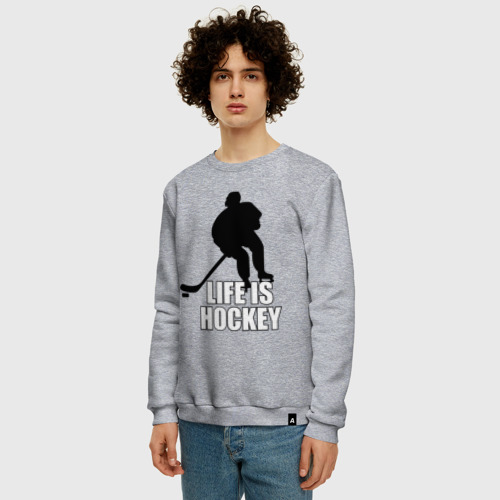 Мужской свитшот хлопок Life is hockey Хоккей - это жизнь, цвет меланж - фото 3