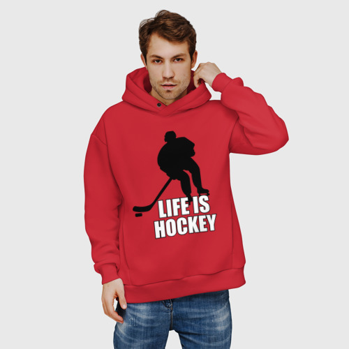 Мужское худи Oversize хлопок Life is hockey Хоккей - это жизнь, цвет красный - фото 3