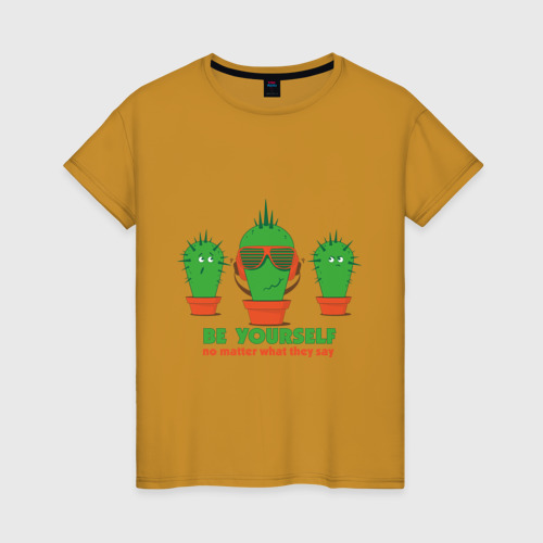 Женская футболка хлопок Самоуверенный кактус, цвет горчичный