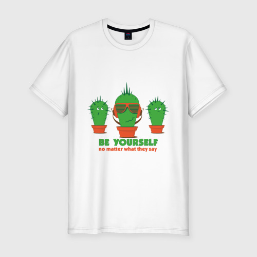 Мужская футболка хлопок Slim Самоуверенный кактус, цвет белый