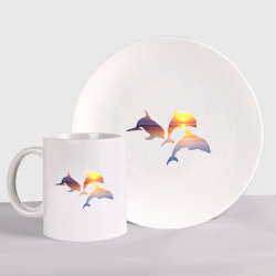 Набор: тарелка + кружка Дельфины на закате