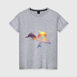 Женская футболка хлопок Дельфины на закате