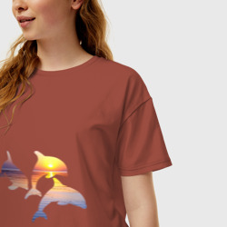 Женская футболка хлопок Oversize Дельфины на закате - фото 2
