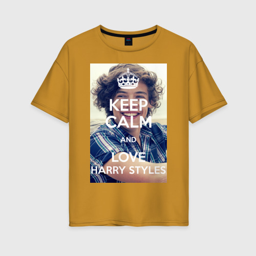 Женская футболка хлопок Oversize Keep calm and love Harry Styles, цвет горчичный