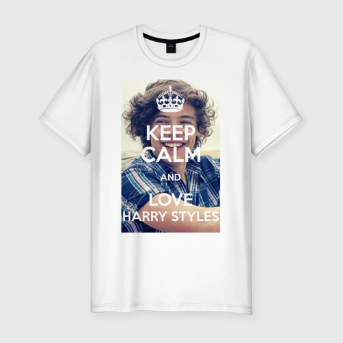 Мужская футболка приталенная из хлопка с принтом Keep calm and love Harry Styles, вид спереди №1