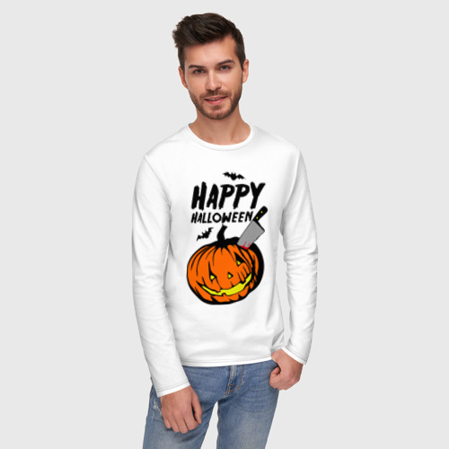 Мужской лонгслив хлопок Happy halloween, цвет белый - фото 3