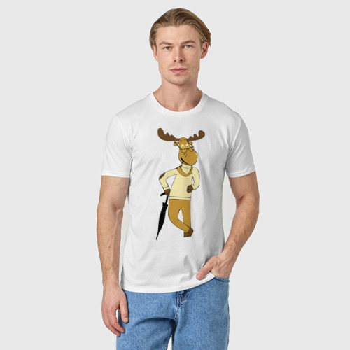 Мужская футболка хлопок Олень с зонтом, цвет белый - фото 3