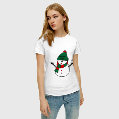 Женская футболка хлопок Снеговик, цвет белый - фото 3