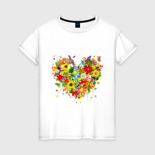 Женская футболка из хлопка с принтом Сердце из полевых цветов, вид спереди №1