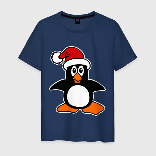 Мужская футболка хлопок Новогодний пингвин., цвет темно-синий