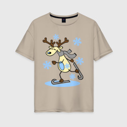 Женская футболка хлопок Oversize Олень на лыжах