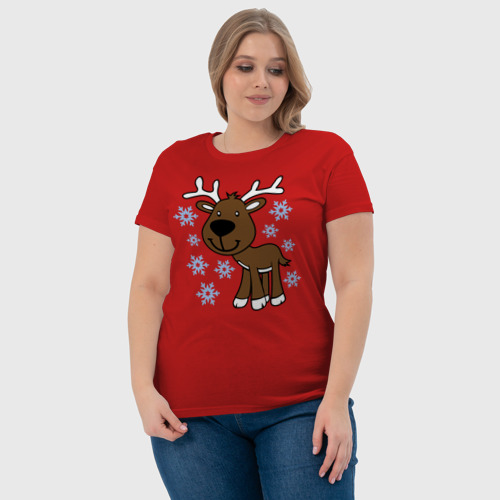 Женская футболка хлопок Олень в снегу, цвет красный - фото 6