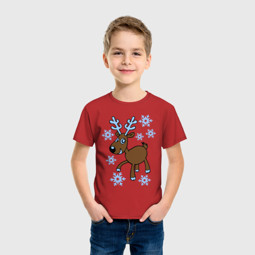Детская футболка хлопок Олень и снег, цвет красный - фото 3