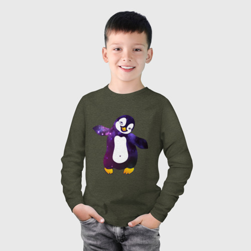 Детский лонгслив хлопок Пингвин просто космос, цвет меланж-хаки - фото 3