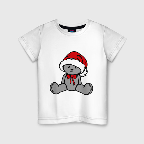 Детская футболка хлопок Мишка в новогодней шапке, цвет белый