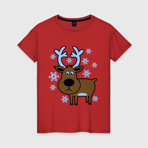 Женская футболка хлопок Олень и снежинки, цвет красный